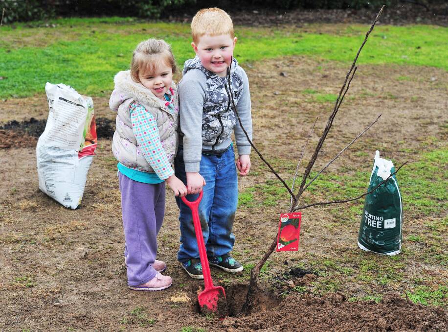 Growth: Three-year-old Hailey Barton and four-year-old Liam Posselt were all smiles when planting a fruit tree at the Central Wagga Childcare Centre for national tree day. Picture: Les Smith.