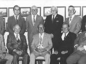 The 1977 RSL Club Committee. Back, left to right: N. Cummins, W. R. Ellis, W. Spokes (secretary-manager), G.H. Simpson, W.H. Fife and C. Rodd (assistant manager). Front, left to right: R. Bowden, B. J. Geale (vice-president), S. C. Sadleir (president), A. Shepard and C. C. Knott.