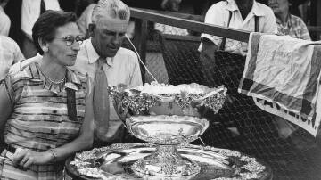 The Davis Cup was displayed during the NSW Hardcourt Championships held in Wagga over four days from March 15, 1956. The event featured a world class display from players such as Ken Rosewall, Neale Fraser, Mervyn Rose, Don Candy, Mary Carter and Beryl Penrose. Each night, the trophy was locked in a vault at the ANZ bank for safekeeping. Supplied picture (CSURA RW1574.467, Lennon Collection)