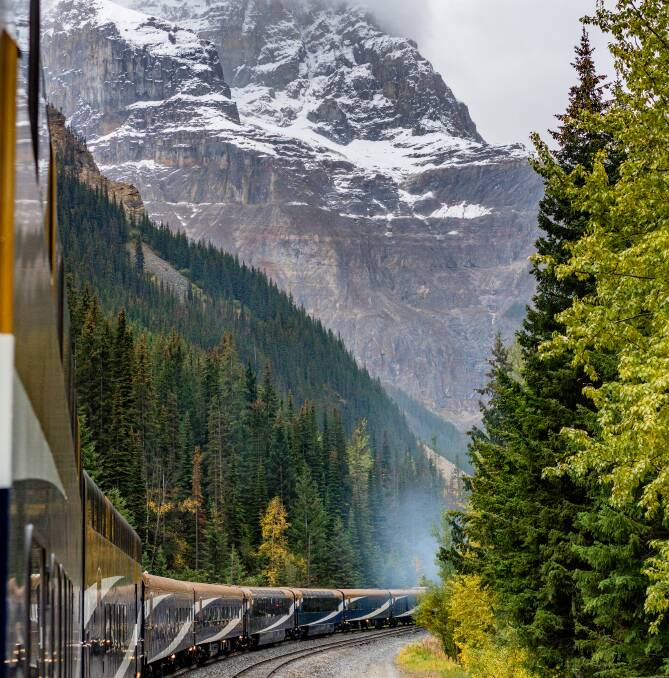 The Rocky Mountaineer rounding a pass in the Kootenay Rockies. Picture Destination BC/@nomadasaurus