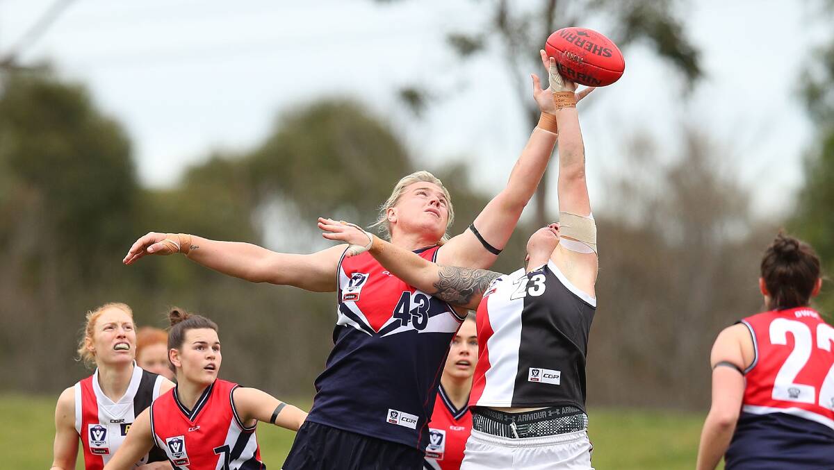 Hannah Mouncey competes in the air during a VFLW match for Darebin against the Southern Saints in 2018. Picture: Getty Images