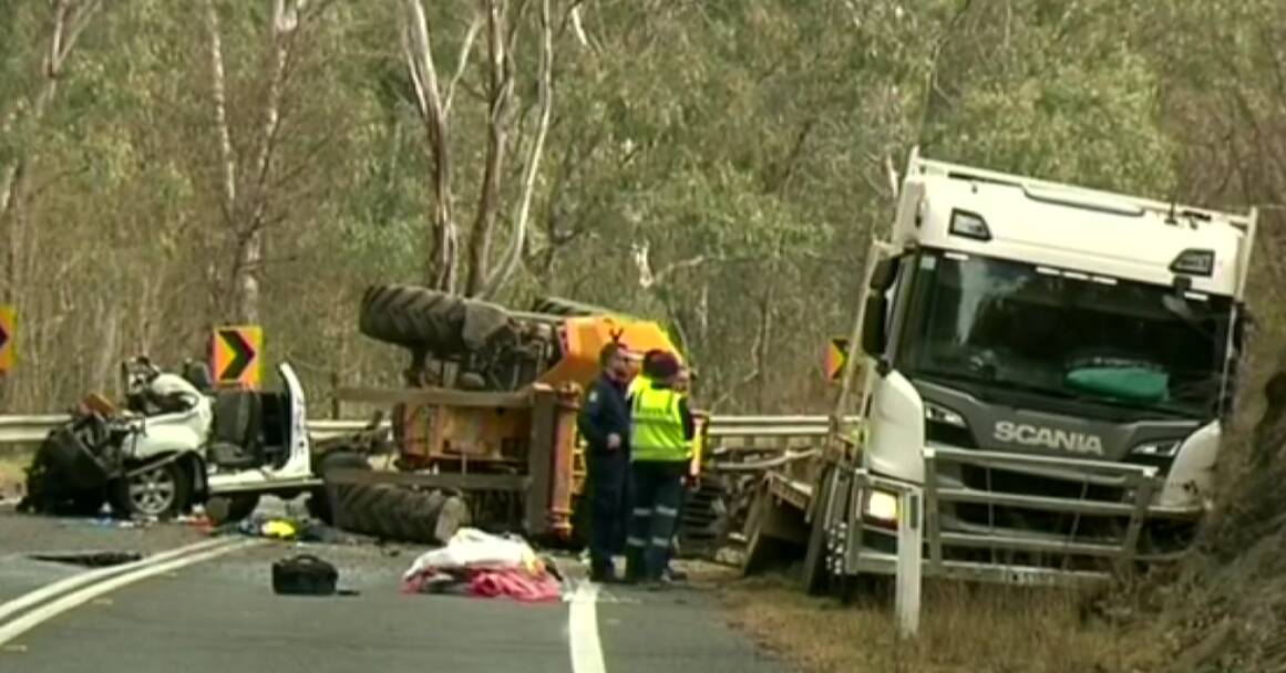 Police allege the yellow telehandler and trailer rolled on the Riverina Highway at Splitters Creek before a utility driver crashed into it. Picture by 7News Border