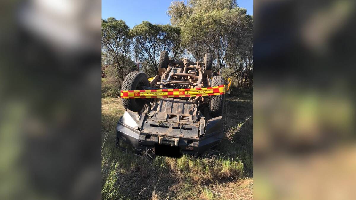 The scene of the ute rollover on Beelbangera Road at Beelbangera on Saturday, September 16. A 21-year-old man was later flown to a Sydney hospital. Picture supplied