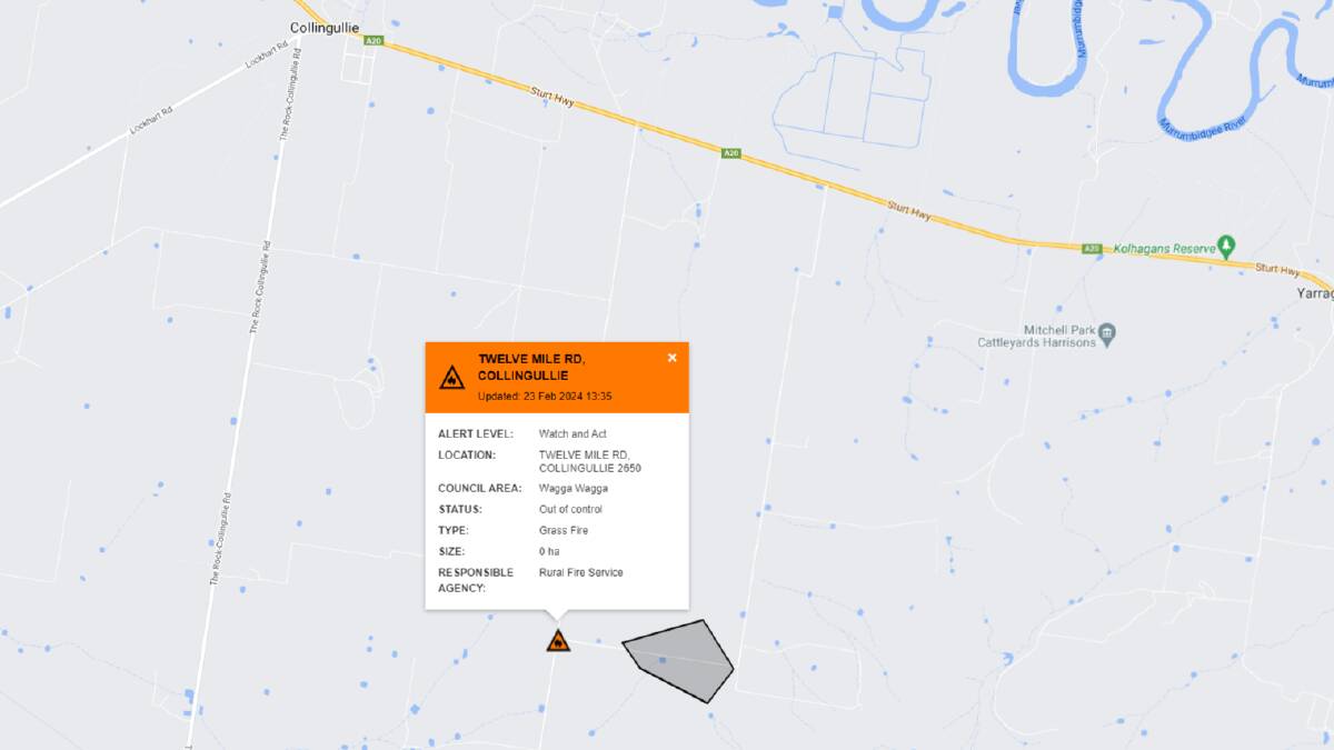 A Watch and Act alert has been issued for a grass fire fire burning on Twelve Mile Road at Collingullie on Friday, February 23.