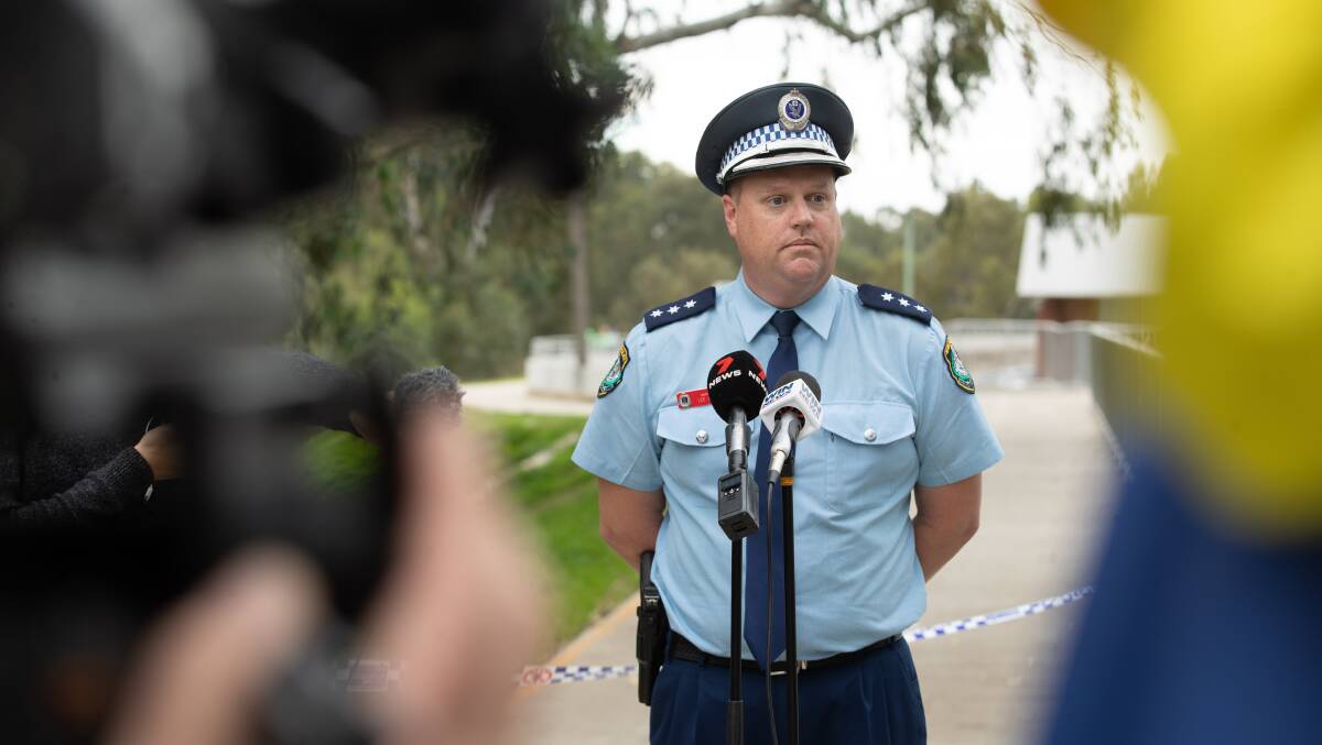 Riverina Police District Inspector Lee Gray provides an update on the search for a woman who was last seen entering the Murrumbidgee River on Thursday morning. Picture by Madeline Begley