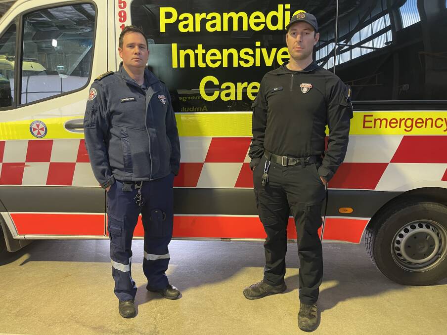 Wagga-based NSW Ambulance Acting Inspector Charlie Milne with intensive care rescue paramedic Rob McMahon on Friday. Picture by Taylor Dodge