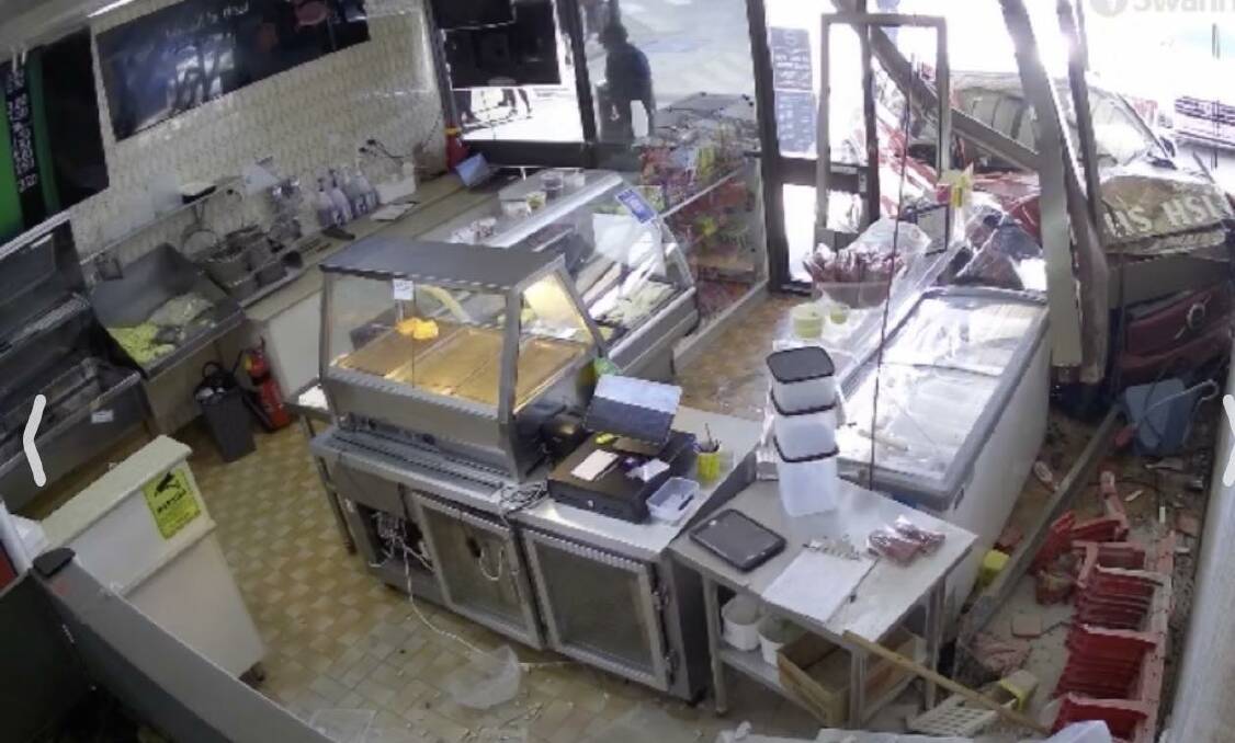 CCTV captures the moment the car smashes into the front of Lake Village Takeaway. Picture supplied