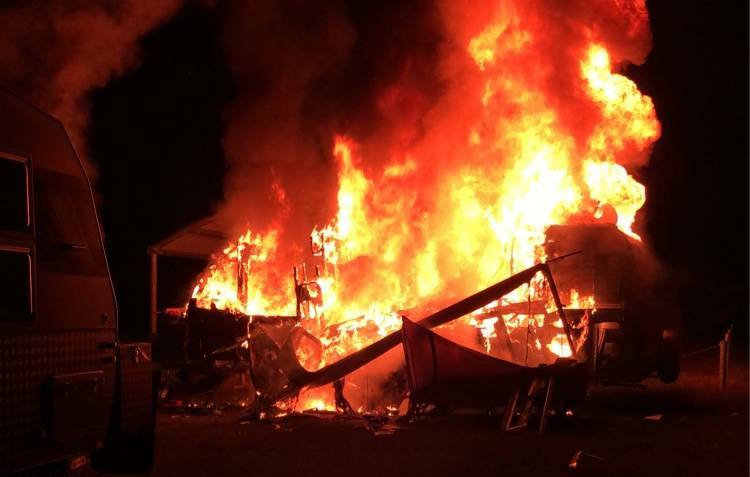 The caravan that exploded into flames at the Sandy Beach campsite at Wantabadgery in June. Picture supplied