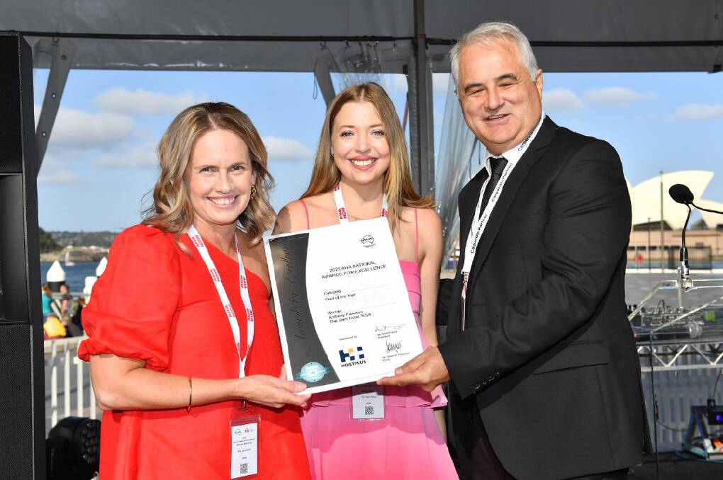 The Gem Hotel accommodation manager Simone Morrissey and Emily Knox standing with a representative from award sponsor Hostplus. Picture supplied