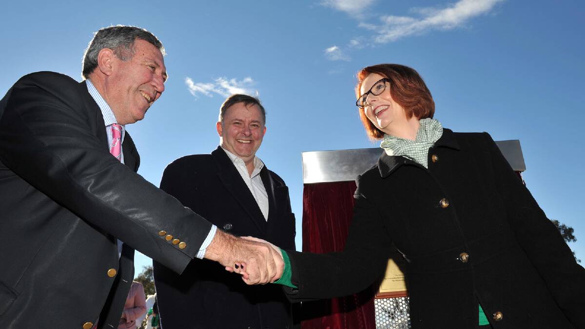 NSW Minister for Roads and Ports Duncan Gay, Minister for Infrastructure and Transport Anthony Albanese and then Prime Minister Julia Gillard at the opening of the Holbrook bypass at the weekend. Picture: Michael Frogley