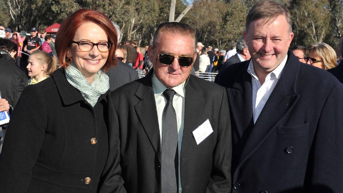 Then Prime Minister Julia Gillard, RMS employee Barry Herring and Minister for Infrastructure and Transport Anthony Albanese at the opening of the Holbrook bypass at the weekend. Picture: Michael Frogley