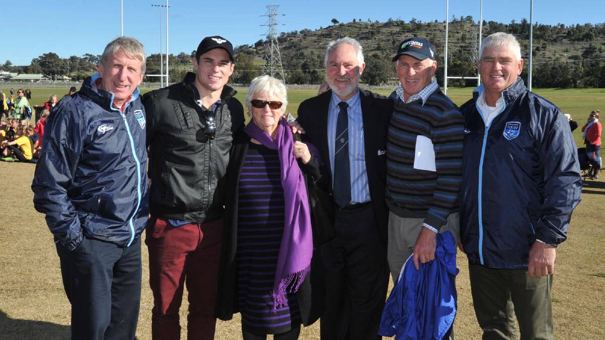 Mayor Rod Kendall (third from right) is with the Mortimer family (from left) Steve, Daniel, Elaine, Peter and Chris at the Mortimer Shield final this week in Wagga. Picture: Les Smith